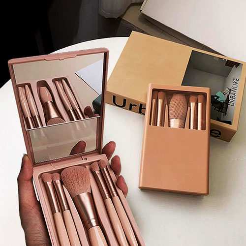 Makeup Brush Set 5 Pcs with Mirror Case, Portable Beauty Product Makeup Brush Set 5 Pcs with Mirror Case, Portable Beauty Product