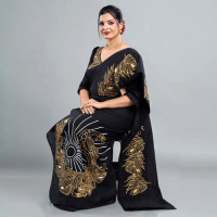 Golden Peacock Batik Saree 👗 – Black & Gold Super Voil Saree with Blouse Piece